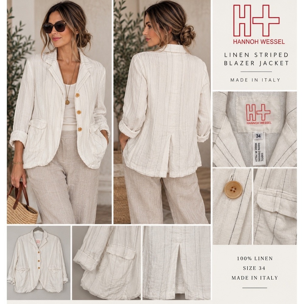 Hannoh Wessel Linen Striped Blazer Jacket White Made in Italy Size 34